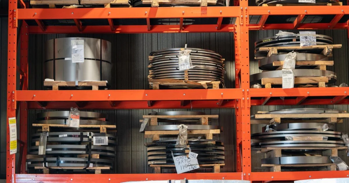 Coiled metal stock stored on industrial warehouse shelving